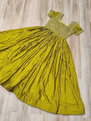Mehendi color fancy fabric embroidered work readymade gown 5