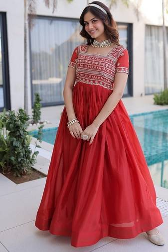 Fenta color fancy fabric embroidered work readymade gown