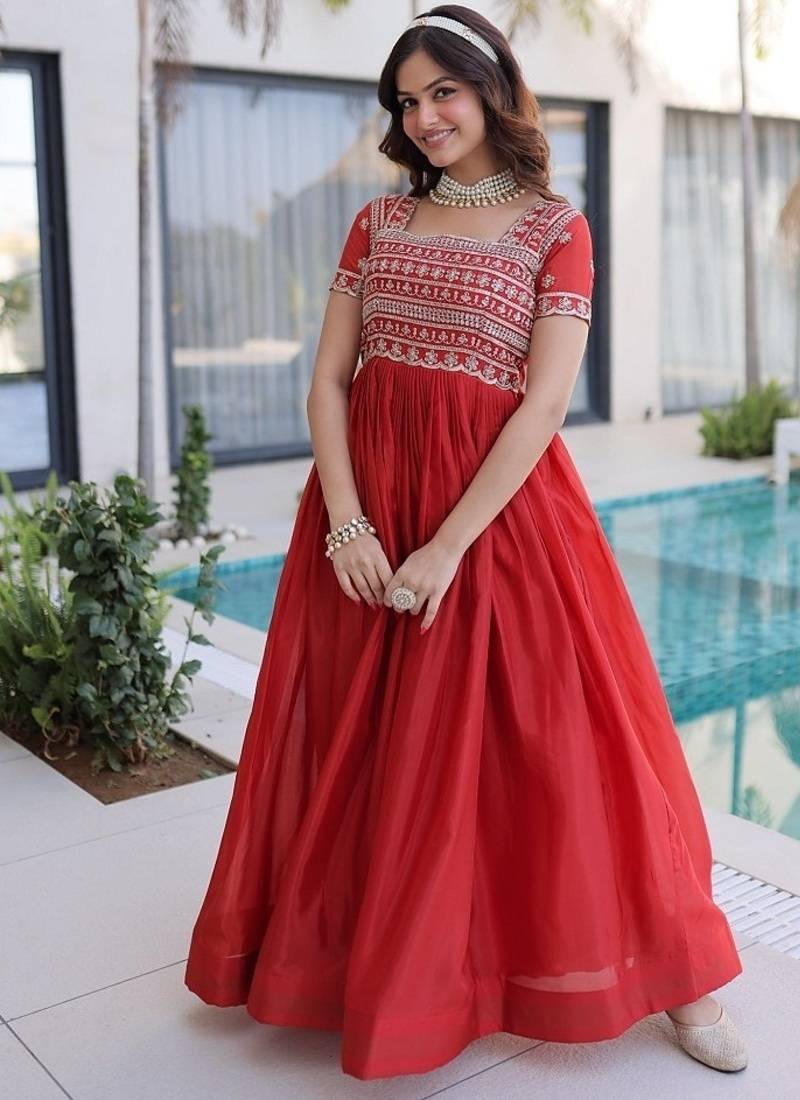 Fenta color fancy fabric embroidered work readymade gown