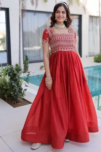 Fenta color fancy fabric embroidered work readymade gown