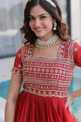 Fenta color fancy fabric embroidered work readymade gown