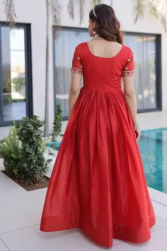 Fenta color fancy fabric embroidered work readymade gown