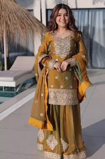 Golden green chiffon embroidered top sharara dupatta set full stitched