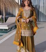 Golden green chiffon embroidered top sharara dupatta set full stitched