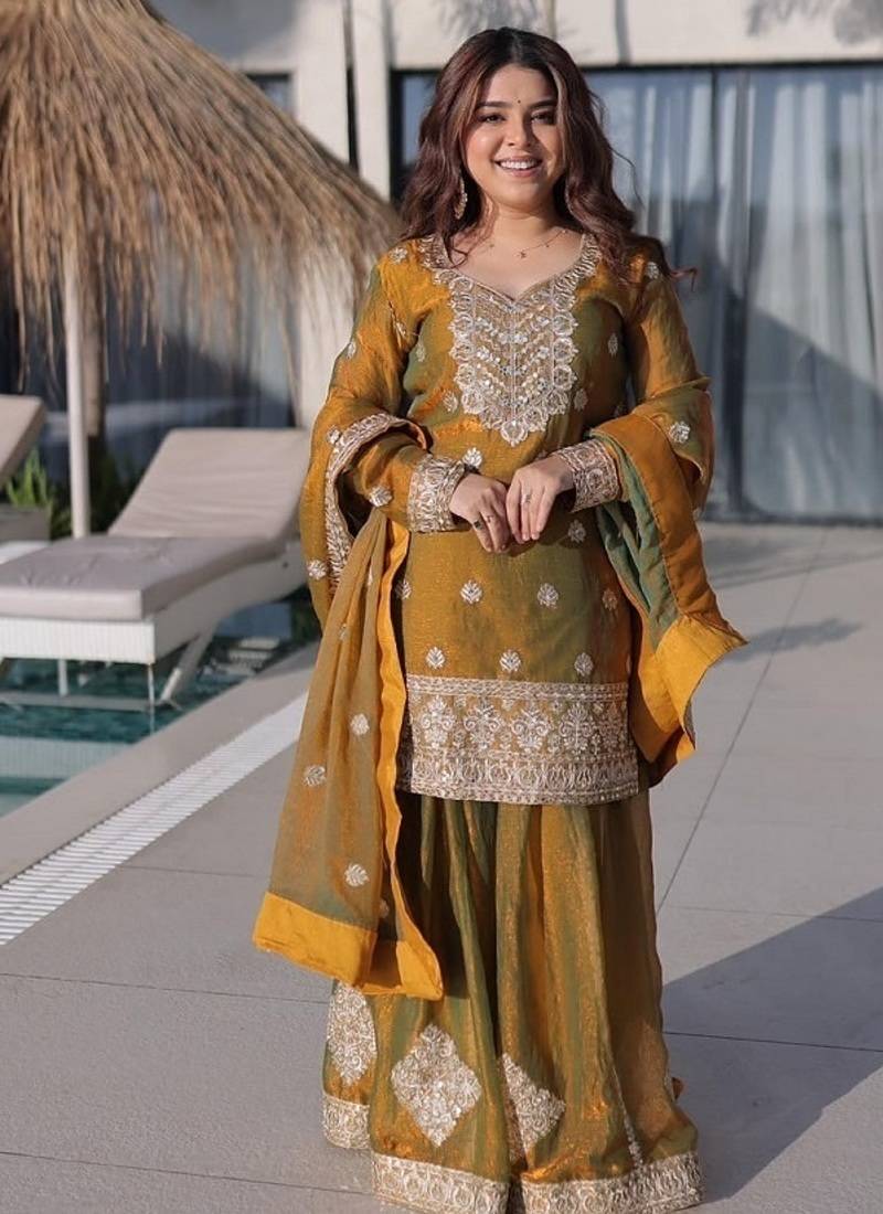 Golden green chiffon embroidered top sharara dupatta set full stitched
