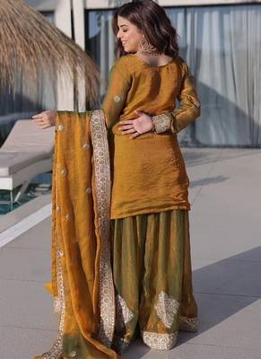 Golden green chiffon embroidered top sharara dupatta set full stitched 2