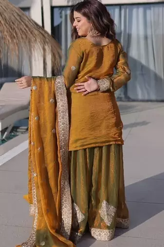 Golden green chiffon embroidered top sharara dupatta set full stitched