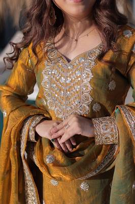 Golden green chiffon embroidered top sharara dupatta set full stitched 3