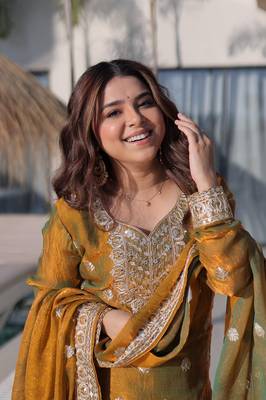 Golden green chiffon embroidered top sharara dupatta set full stitched 4