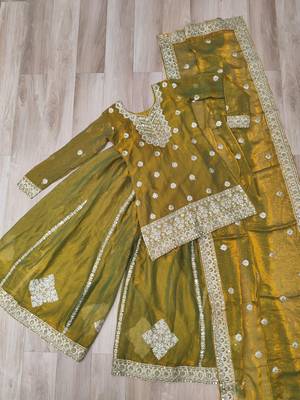 Golden green chiffon embroidered top sharara dupatta set full stitched 5