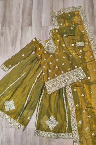 Golden green chiffon embroidered top sharara dupatta set full stitched
