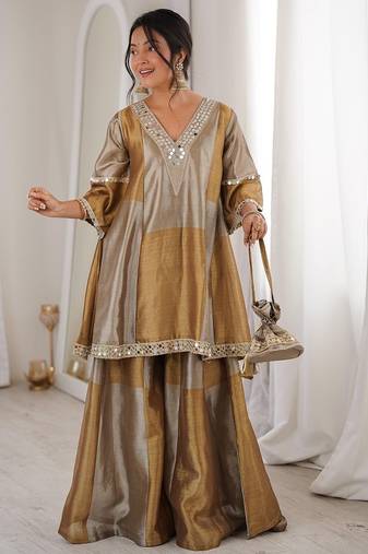 Multi color two tone tissue embroidered work top bottom batwa set