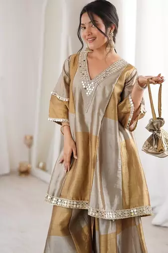 Multi color two tone tissue embroidered work top bottom batwa set