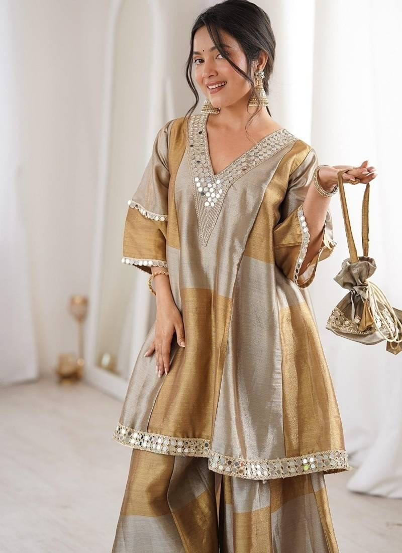 Multi color two tone tissue embroidered work top bottom batwa set