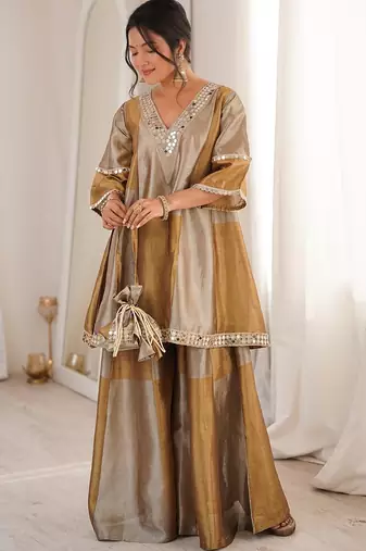 Multi color two tone tissue embroidered work top bottom batwa set