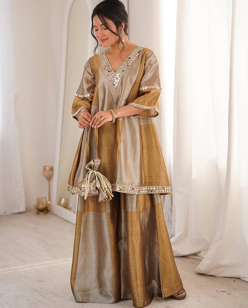 Multi color two tone tissue embroidered work top bottom batwa set