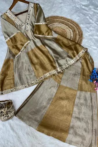 Multi color two tone tissue embroidered work top bottom batwa set