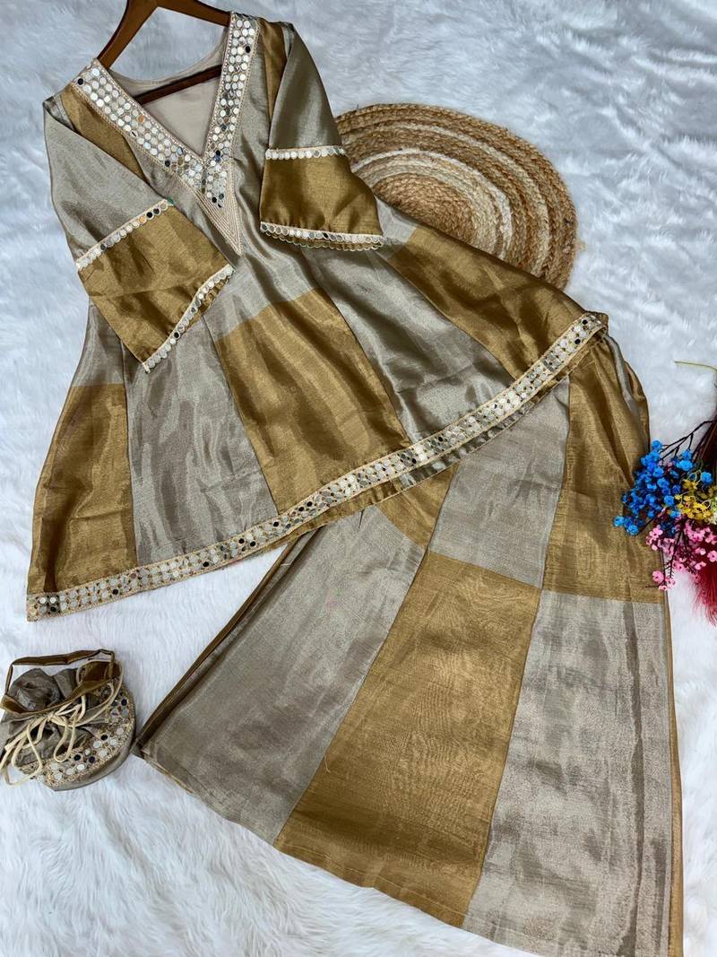 Multi color two tone tissue embroidered work top bottom batwa set
