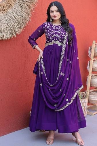Purple color faux blooming embroidered gown dupatta set full stitched.