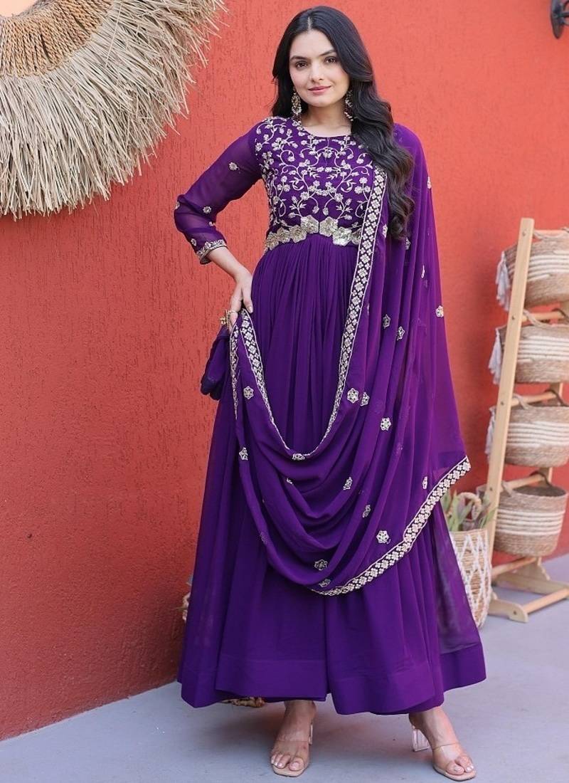 Purple color faux blooming embroidered gown dupatta set full stitched.