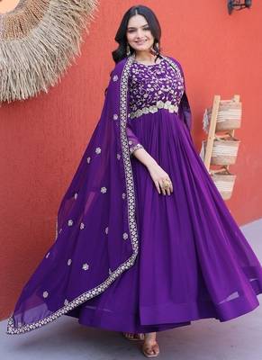 Purple color faux blooming embroidered gown dupatta set full stitched. 2