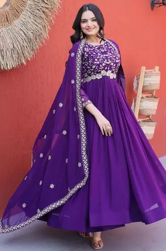 Purple color faux blooming embroidered gown dupatta set full stitched.