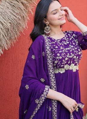 Purple color faux blooming embroidered gown dupatta set full stitched. 3