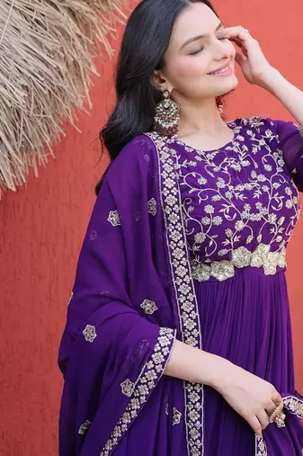 Purple color faux blooming embroidered gown dupatta set full stitched.