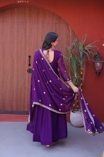 Purple color faux blooming embroidered gown dupatta set full stitched.