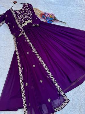 Purple color faux blooming embroidered gown dupatta set full stitched. 5