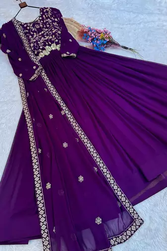 Purple color faux blooming embroidered gown dupatta set full stitched.