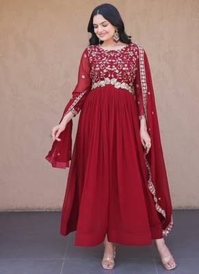 Maroon color faux blooming embroidered gown dupatta set full stitched. 1