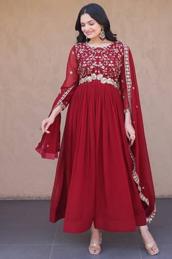 Maroon color faux blooming embroidered gown dupatta set full stitched.