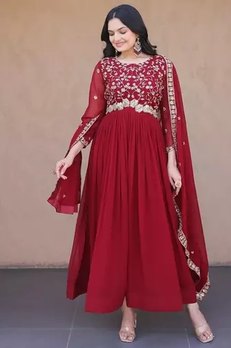 Maroon color faux blooming embroidered gown dupatta set full stitched.