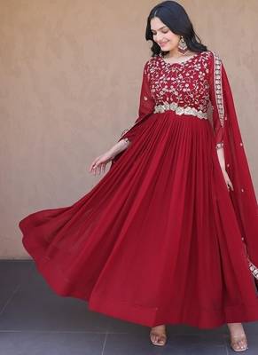 Maroon color faux blooming embroidered gown dupatta set full stitched. 2