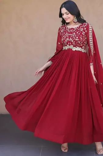 Maroon color faux blooming embroidered gown dupatta set full stitched.