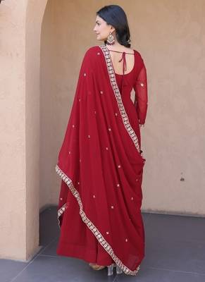 Maroon color faux blooming embroidered gown dupatta set full stitched. 3
