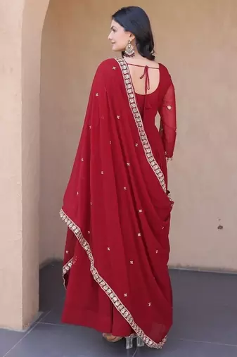 Maroon color faux blooming embroidered gown dupatta set full stitched.