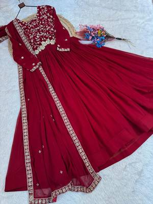 Maroon color faux blooming embroidered gown dupatta set full stitched. 4