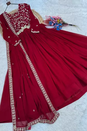 Maroon color faux blooming embroidered gown dupatta set full stitched.