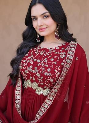 Maroon color faux blooming embroidered gown dupatta set full stitched. 5