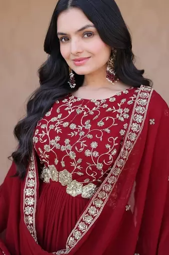 Maroon color faux blooming embroidered gown dupatta set full stitched.