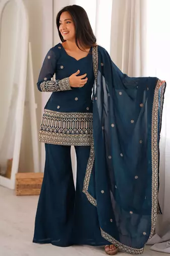 Teal blue color crunchy silk embroidered top bell bottom dupatta set