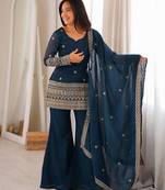 Teal blue color crunchy silk embroidered top bell bottom dupatta set