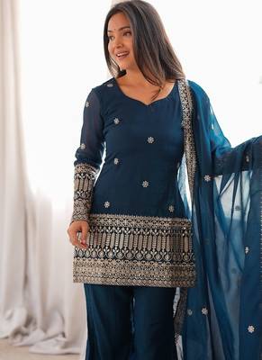 Teal blue color crunchy silk embroidered top bell bottom dupatta set 2