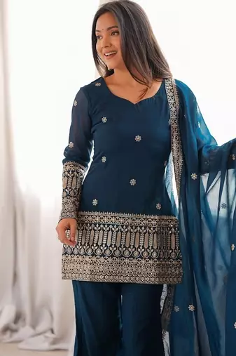 Teal blue color crunchy silk embroidered top bell bottom dupatta set