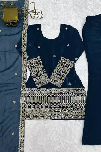 Teal blue color crunchy silk embroidered top bell bottom dupatta set
