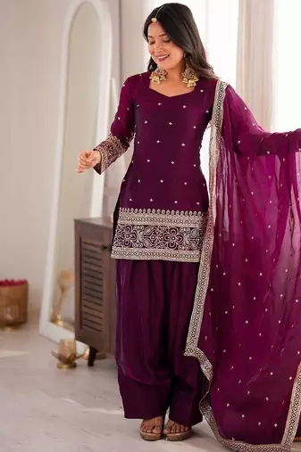 Wine color fancy silk embroidered farsi top set full stitched