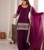 Wine color fancy silk embroidered farsi top set full stitched