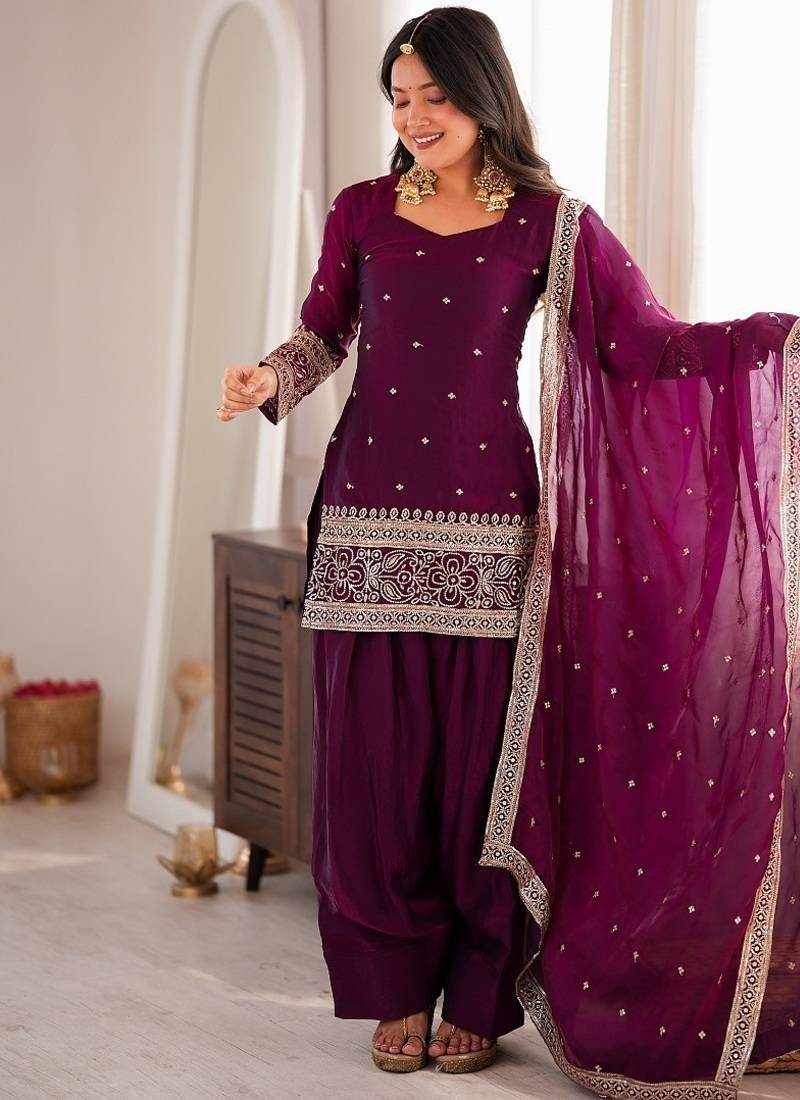 Wine color fancy silk embroidered farsi top set full stitched